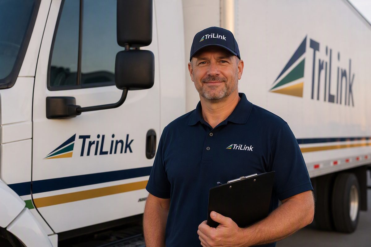A TriLink driver beside the cab of his truck, company livery behind him.