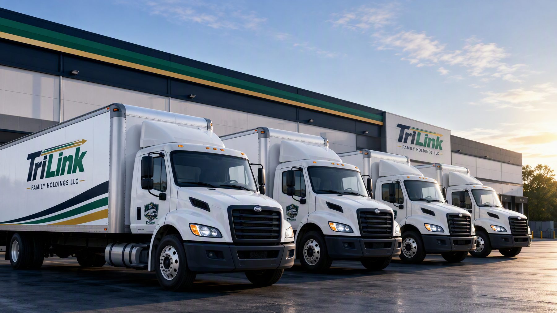 Five TriLink box trucks lined up at the depot before dawn.