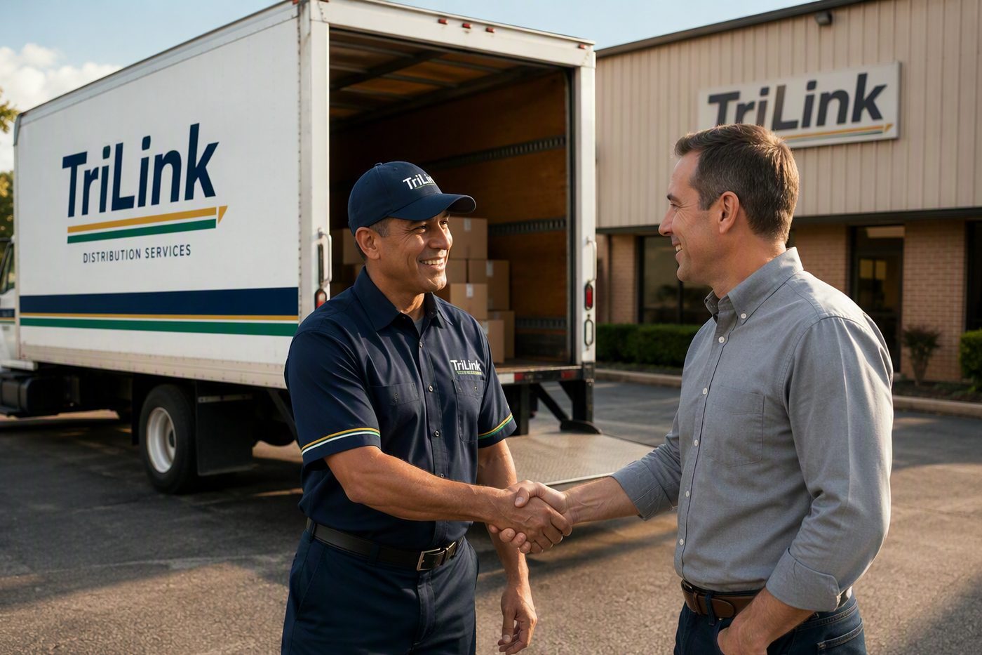 A TriLink driver shaking hands with a customer beside a loaded box truck at a distribution building.