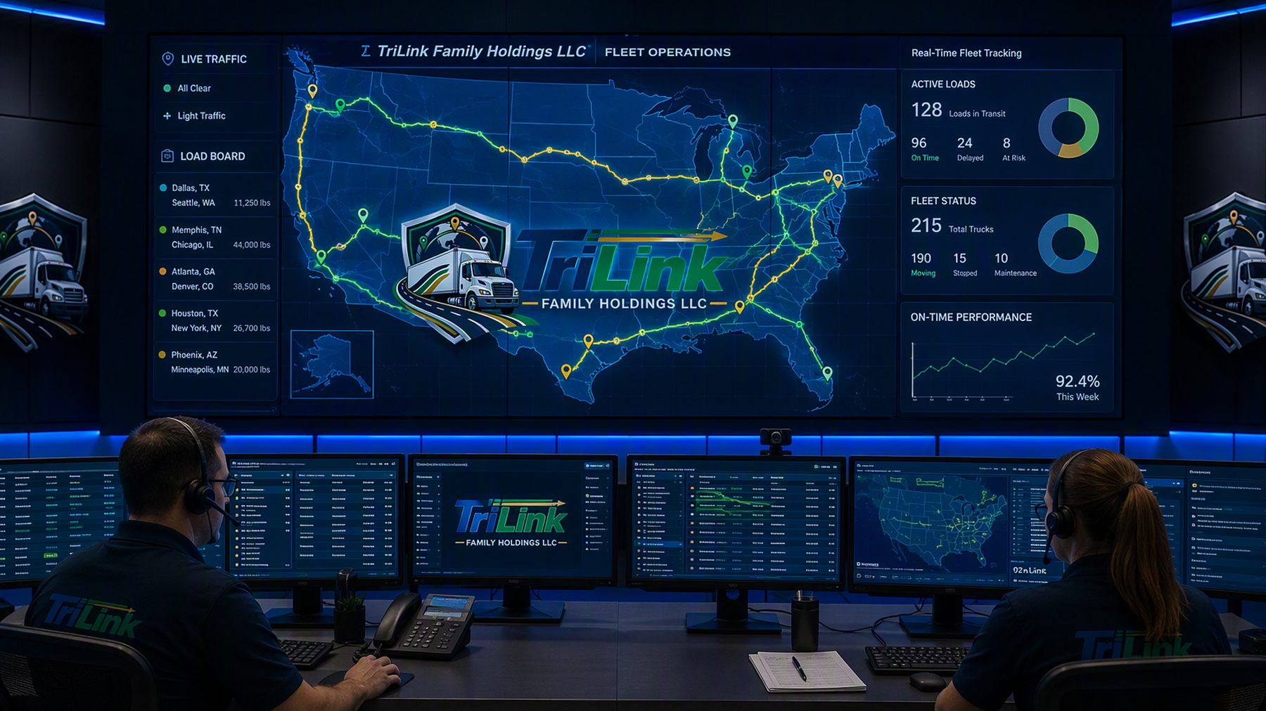 The TriLink operations room: a wall-sized live fleet map of the United States with active loads, fleet status and on-time performance.