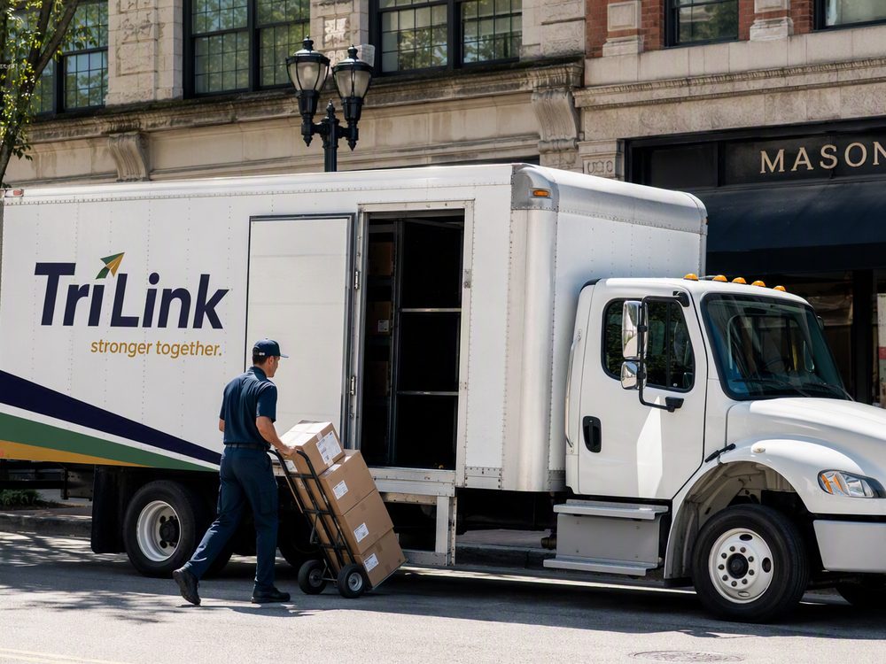 A TriLink driver wheeling boxes on a hand truck to a storefront on a city block.