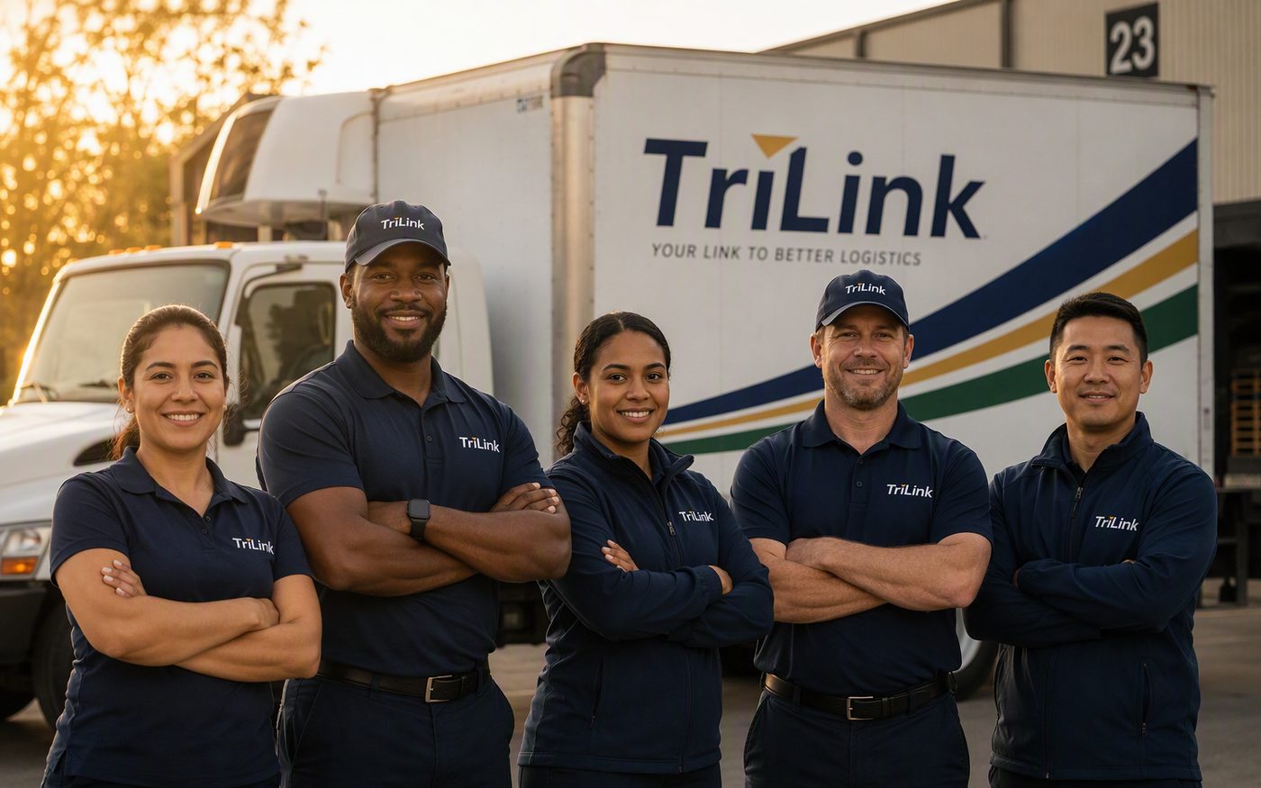 Five members of the TriLink team standing together in front of a box truck lettered "Your link to better logistics".